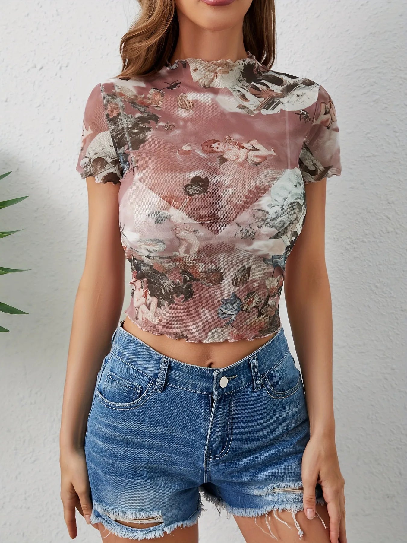 Abstract Print Ruffled Mock Neck Crop T-Shirt  Shop One Place