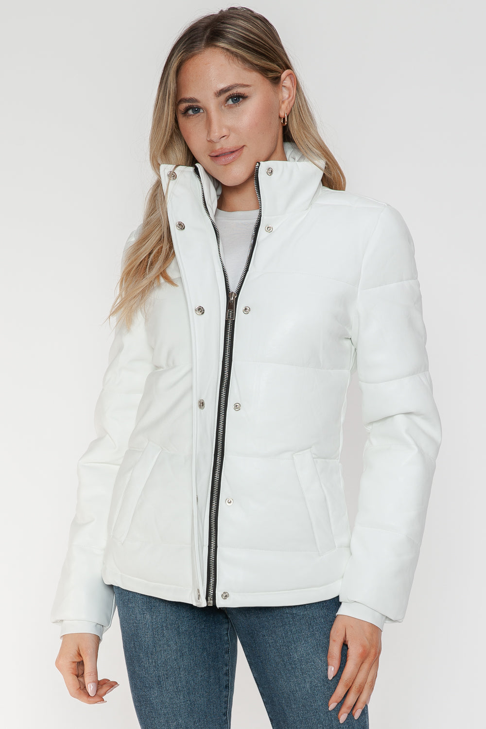 White YMI Pocketed Zip Up Turtleneck Puffer Jacket