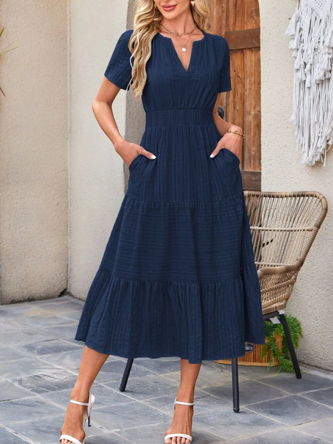 Tiered Notched Short Sleeve Dress  Shop One Place