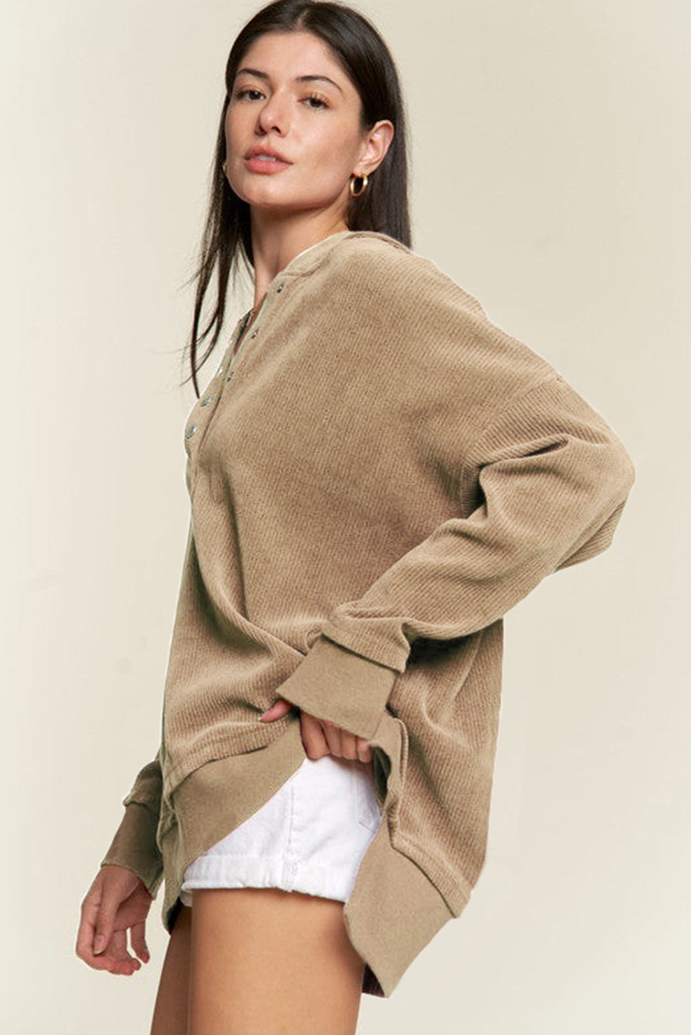 Simply Taupe Solid Ribbed Knit Buttoned Drop Shoulder Oversized Hoodie