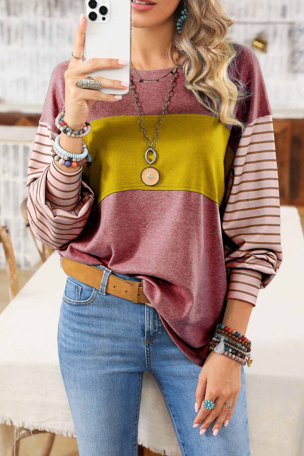 Colorblock Striped Bishop Sleeve Top