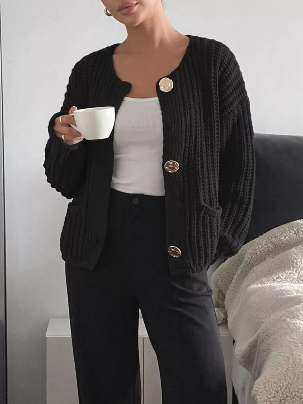 Ribbed Knit Cardigan with Gold-Tone Buttons  Shop One Place