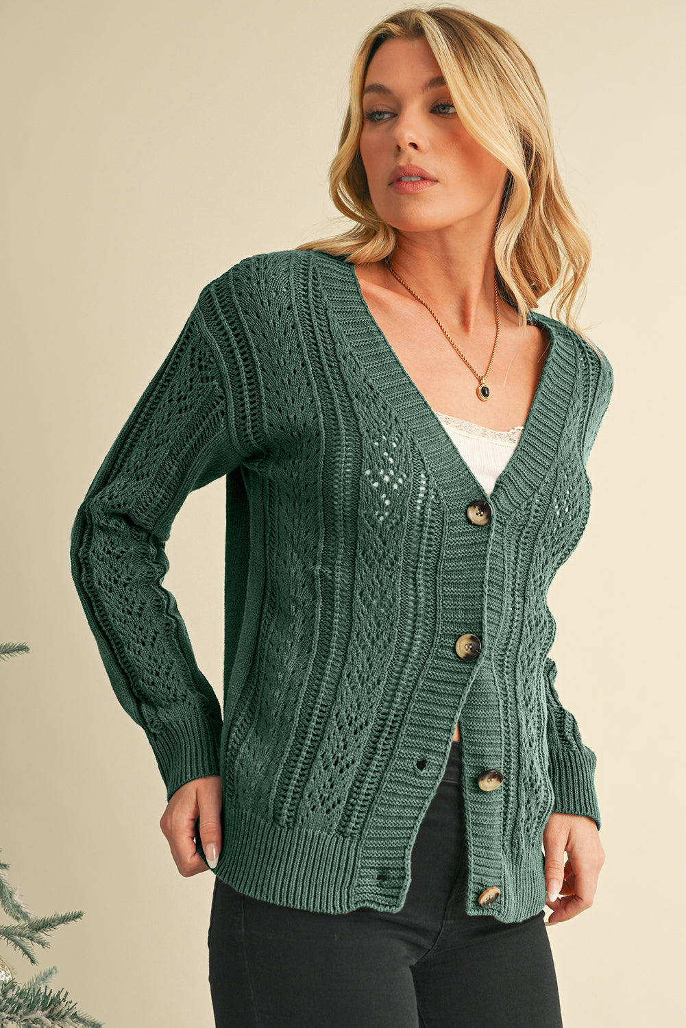 Dark Khaki Hollow Knit Drop Shoulder Cardigan  Shop One Place