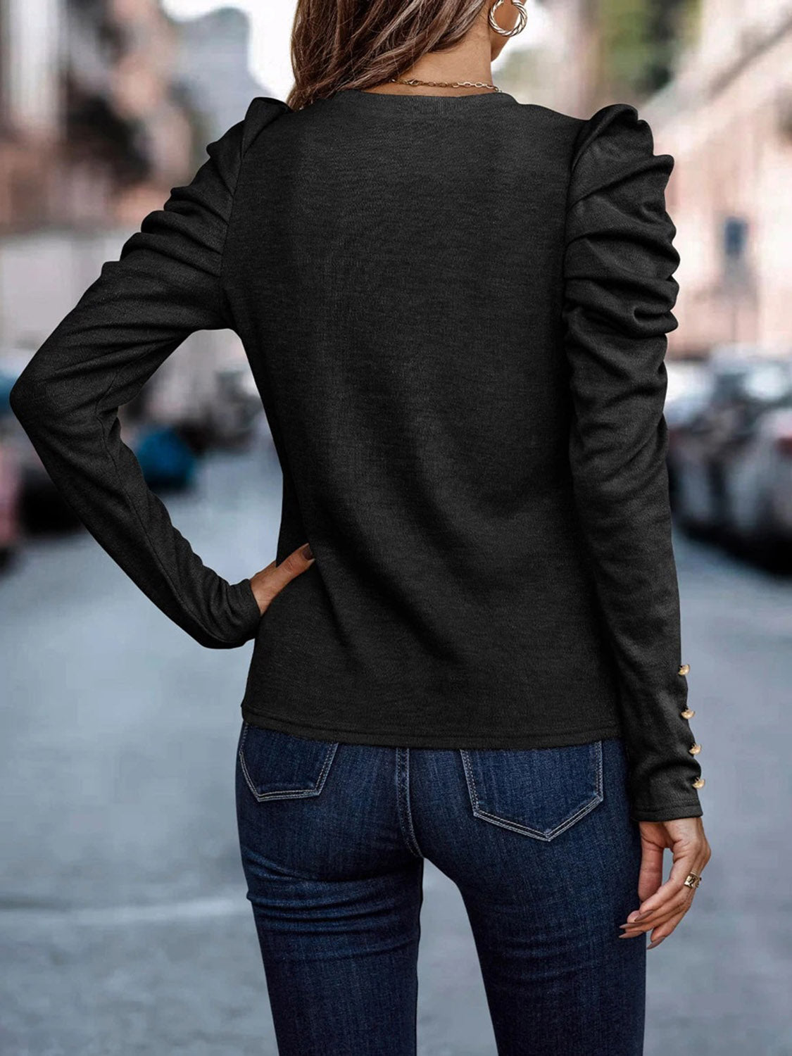 Decorative Button Puff Sleeve T-Shirt  Shop One Place