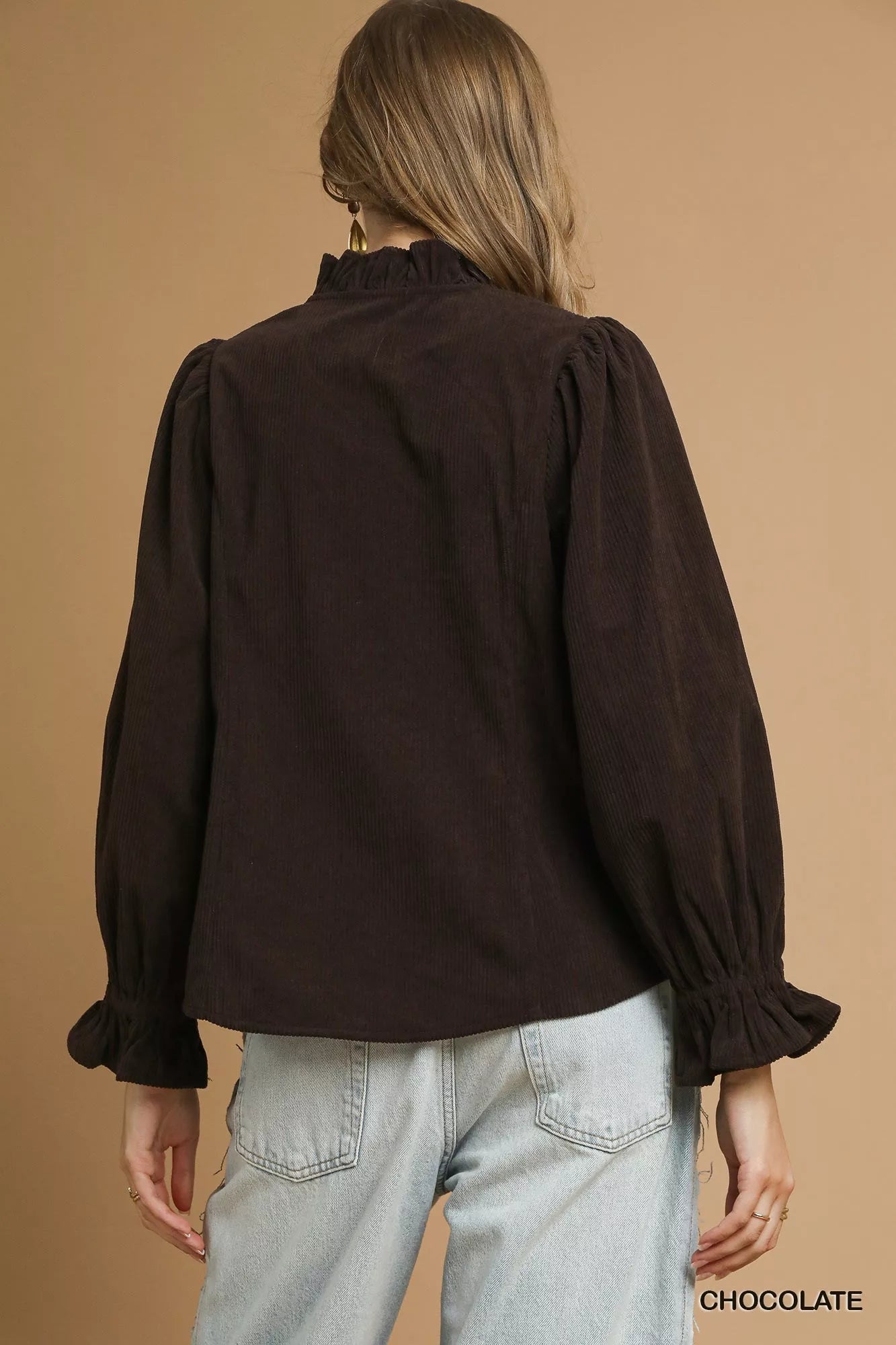 Umgee Corduroy Ruffle Shirt with Long Puff Sleeves  Shop One Place
