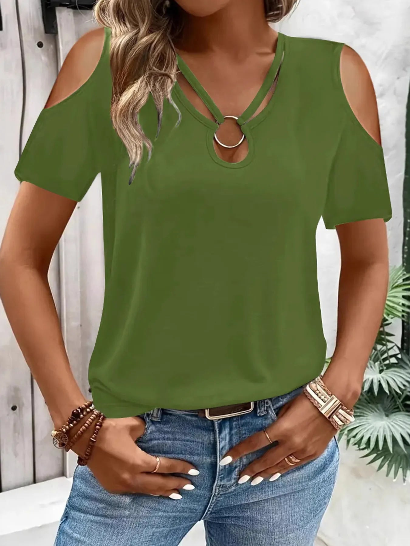 Cold Shoulder T-Shirt with Metal Ring Detail  Shop One Place