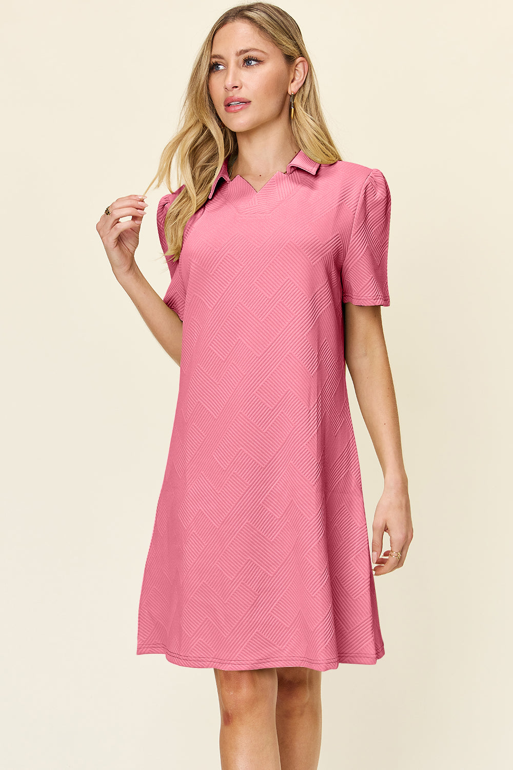 Double Take Full Size Texture Collared Neck Short Sleeve Dress  Shop One Place