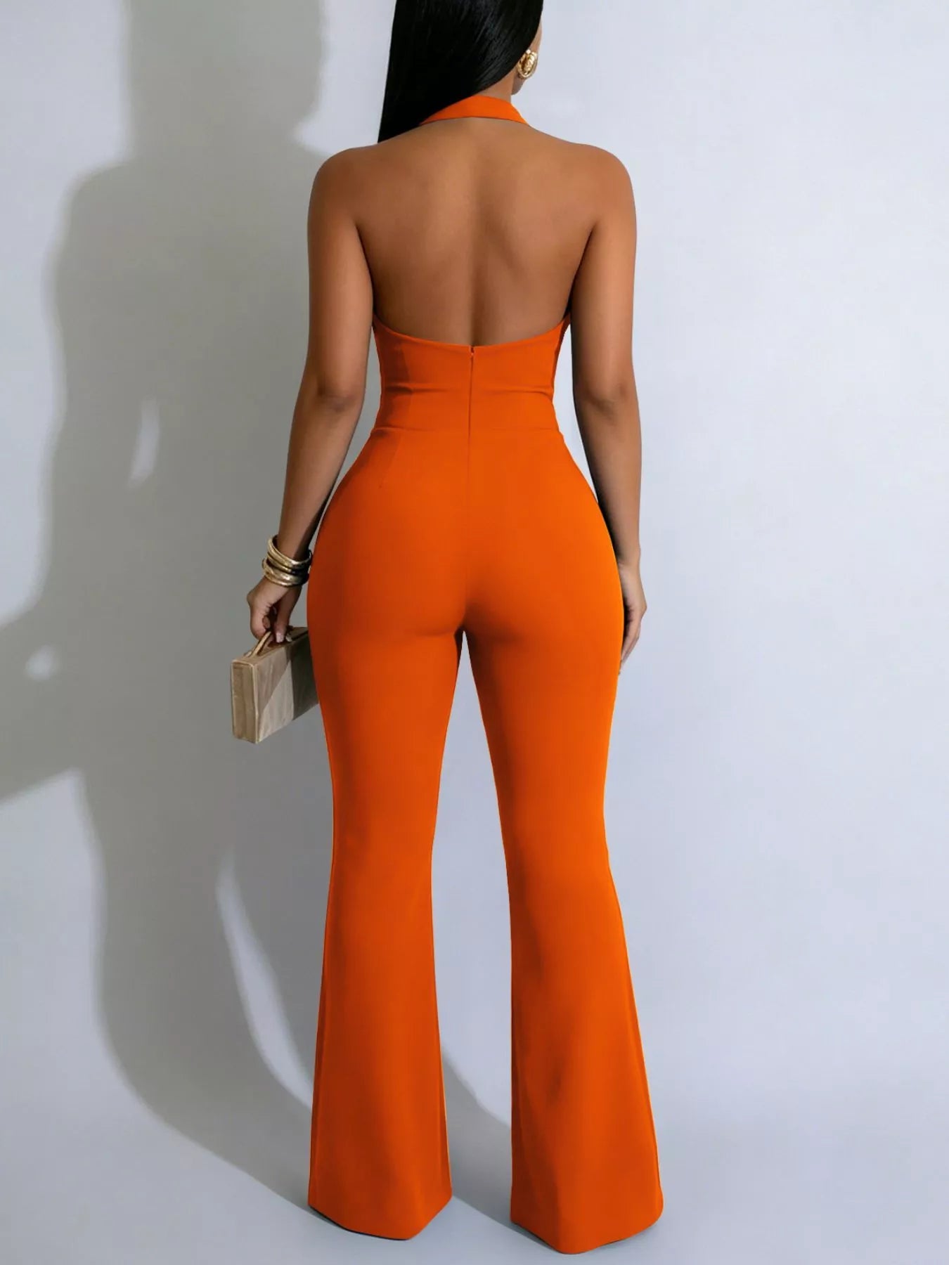 Halter Neck Cut-Out Flare Jumpsuit with Button Detail  Shop One Place