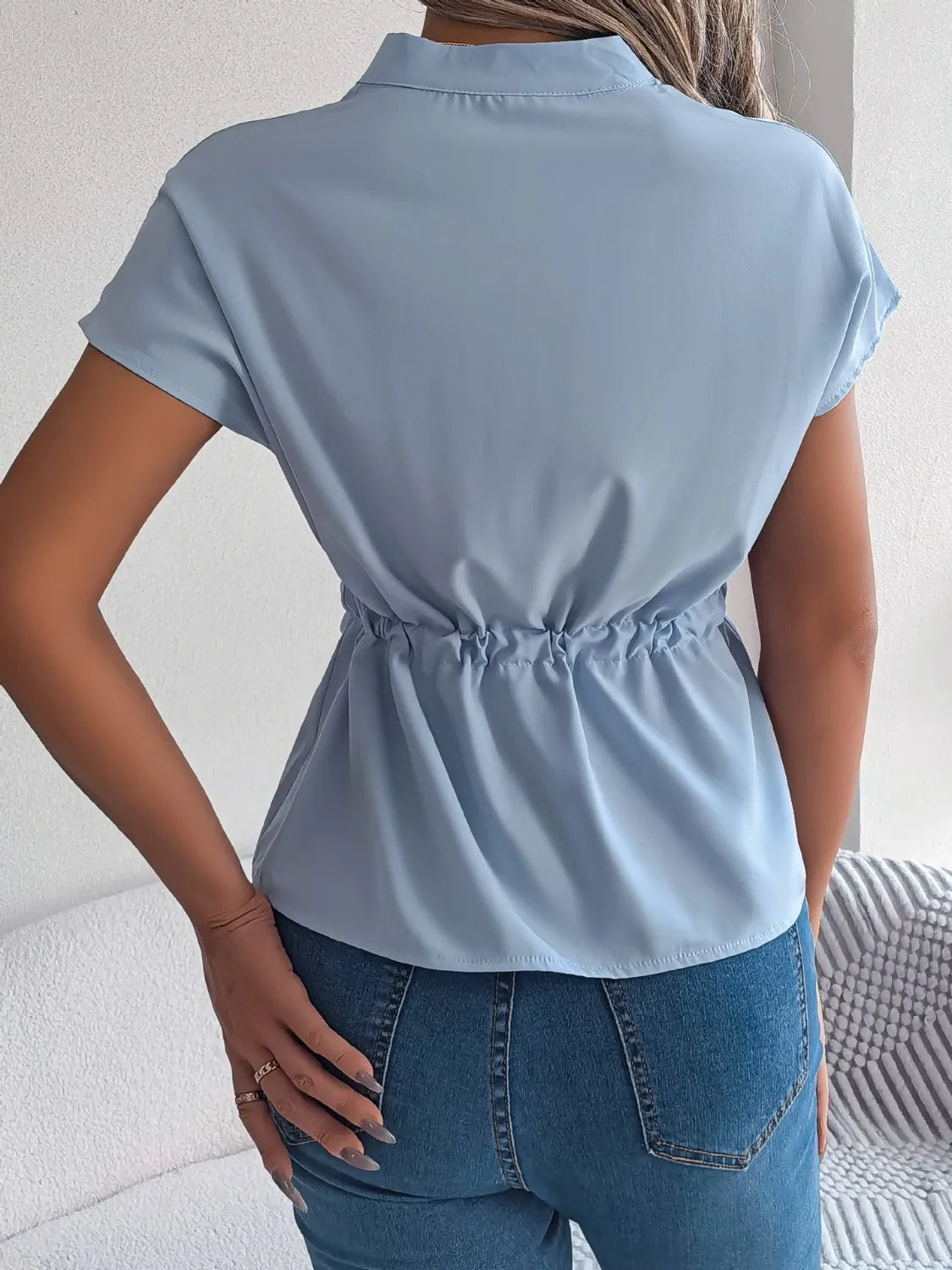 Notched Short Sleeve Blouse  Shop One Place