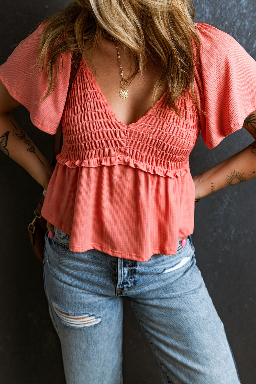 Tomato Red Shirred V Neck Short Flutter Sleeve Textured Blouse