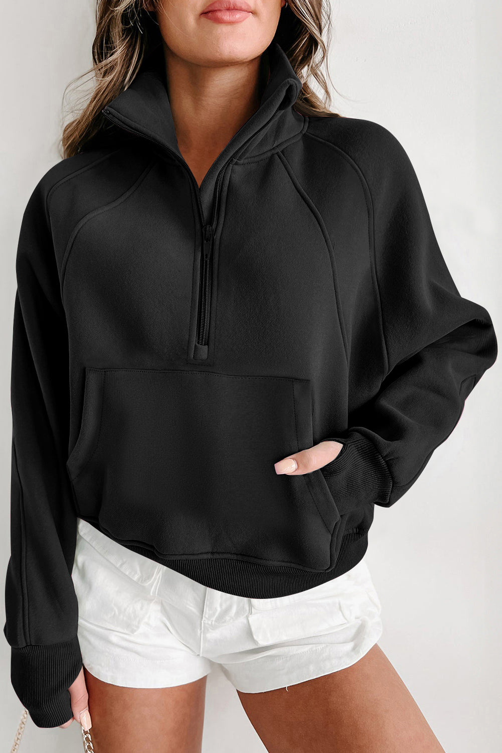 Zip Up Stand Collar Ribbed Thumbhole Sleeve Sweatshirt