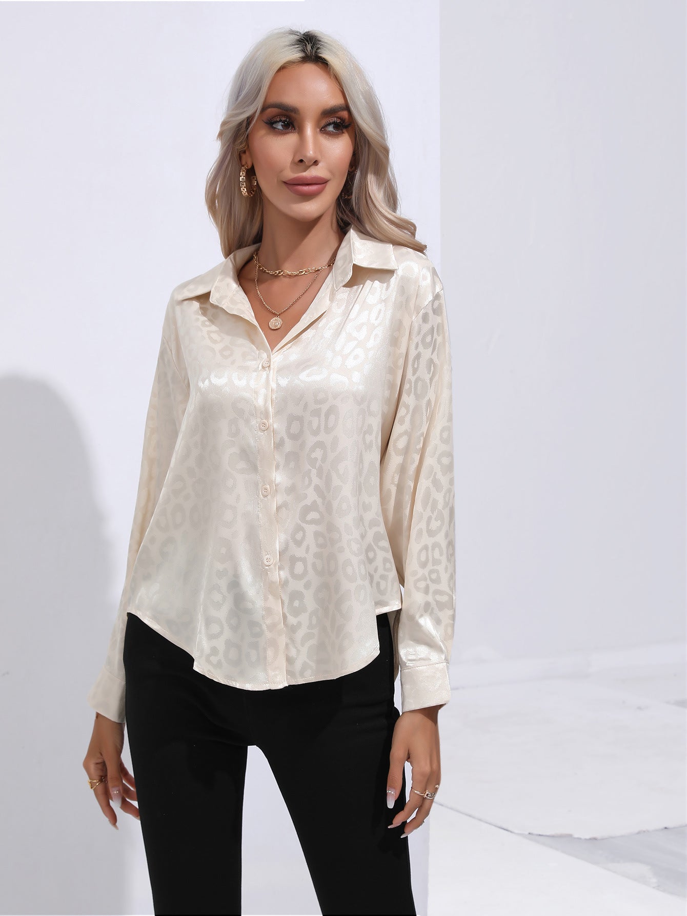 Leopard Print Satin Long Sleeve Shirt