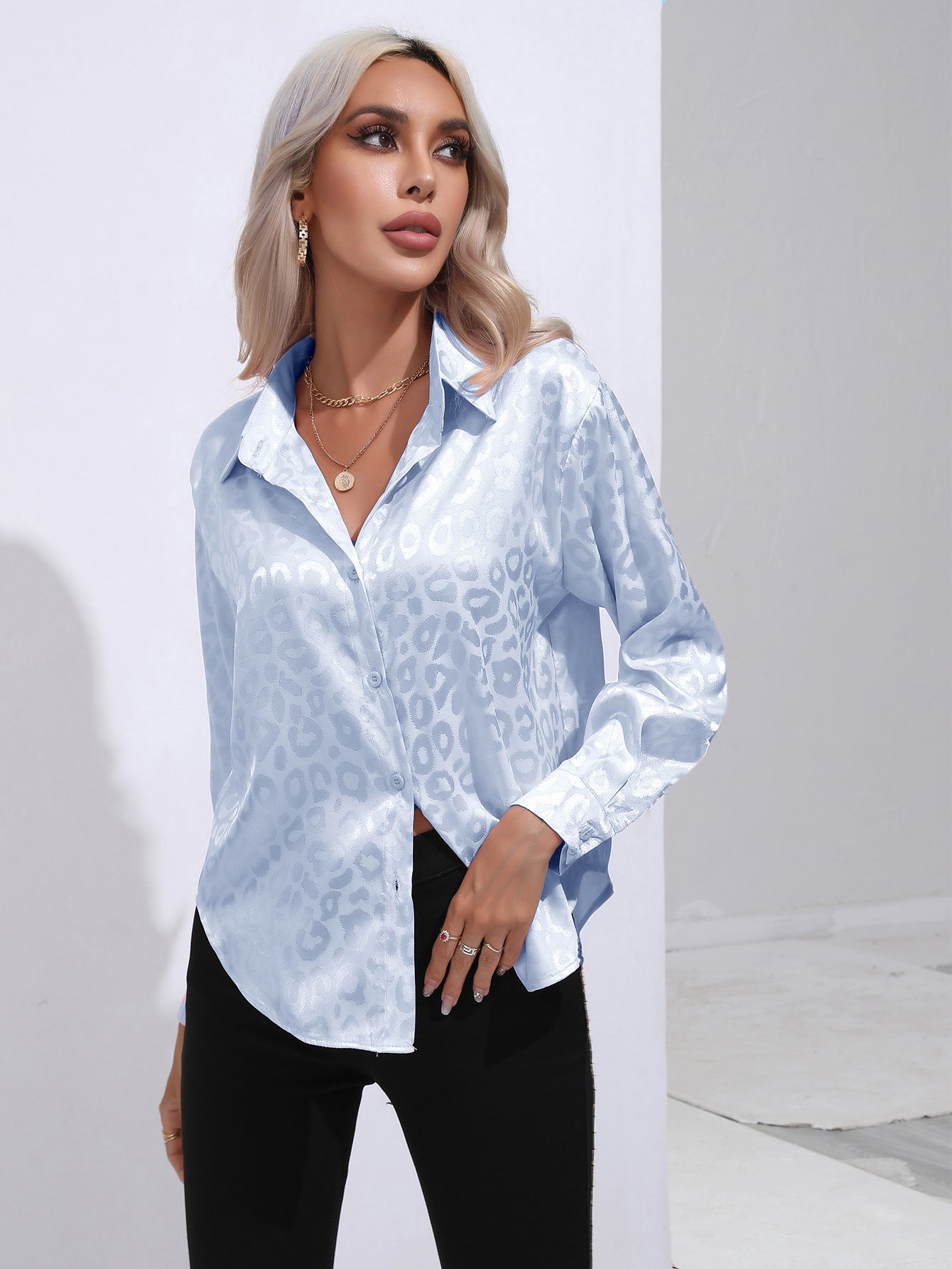 Leopard Print Satin Long Sleeve Shirt