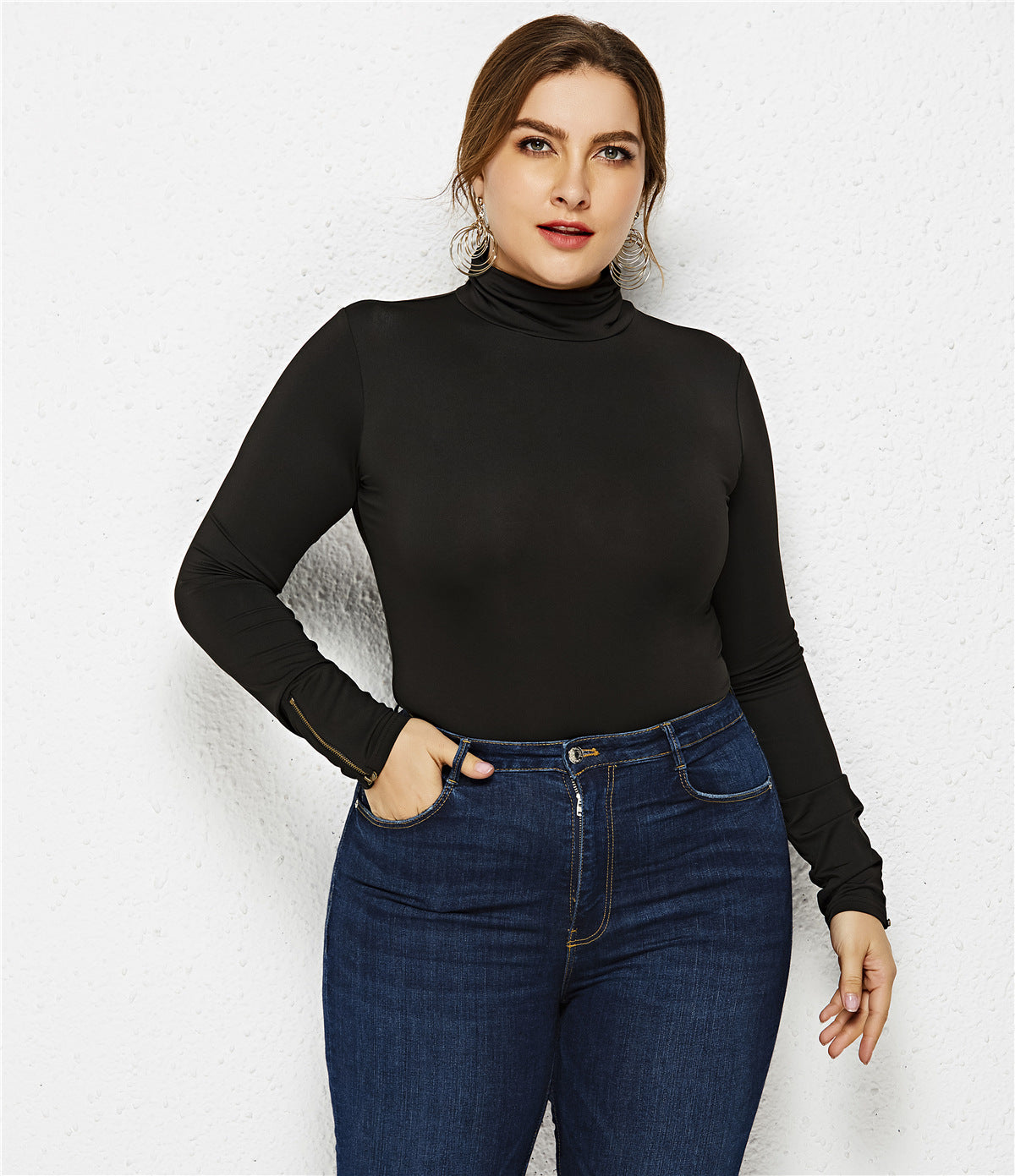 Plus Size Turtleneck Long Sleeve Triangle Tight Jumpsuit