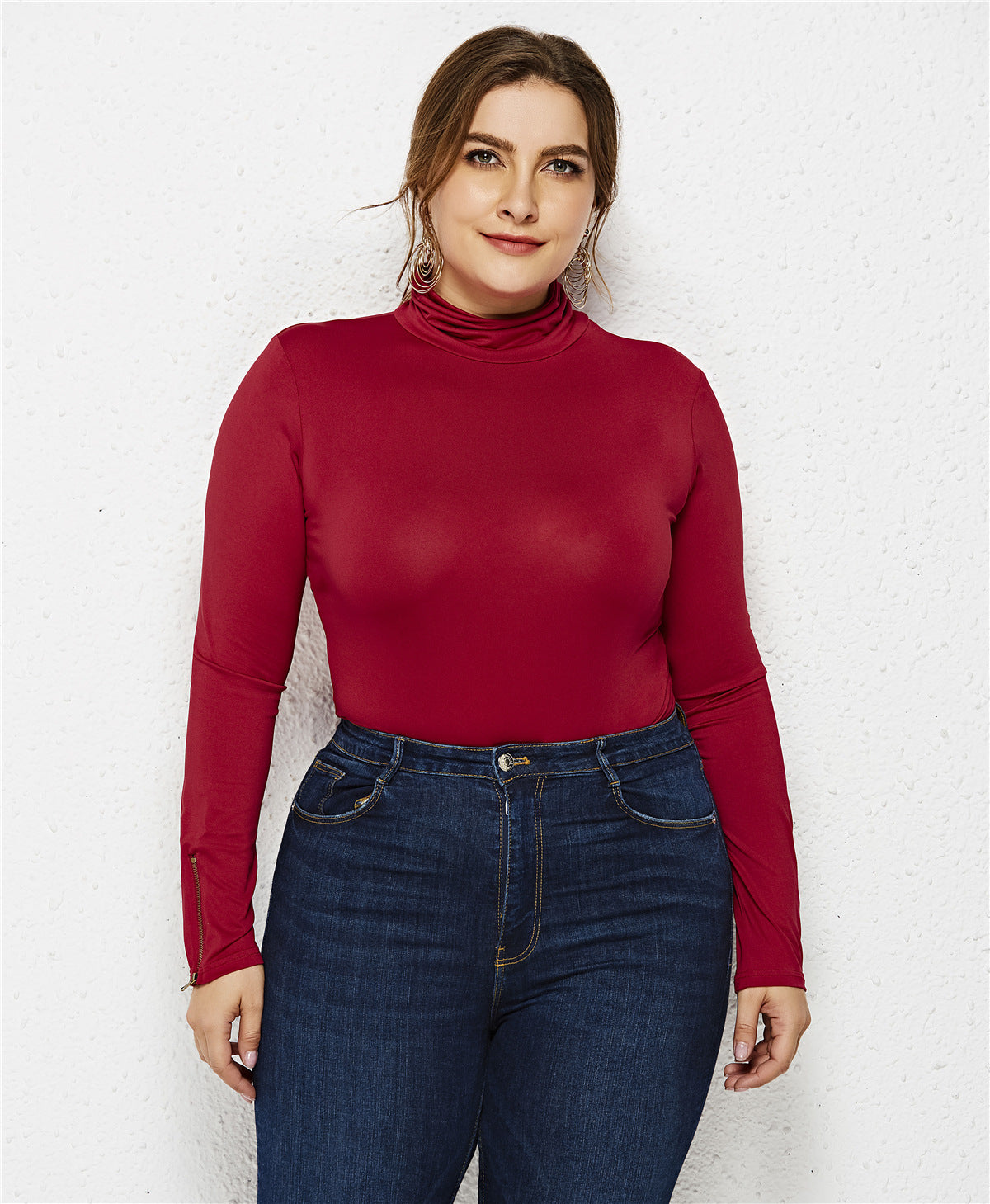 Plus Size Turtleneck Long Sleeve Triangle Tight Jumpsuit