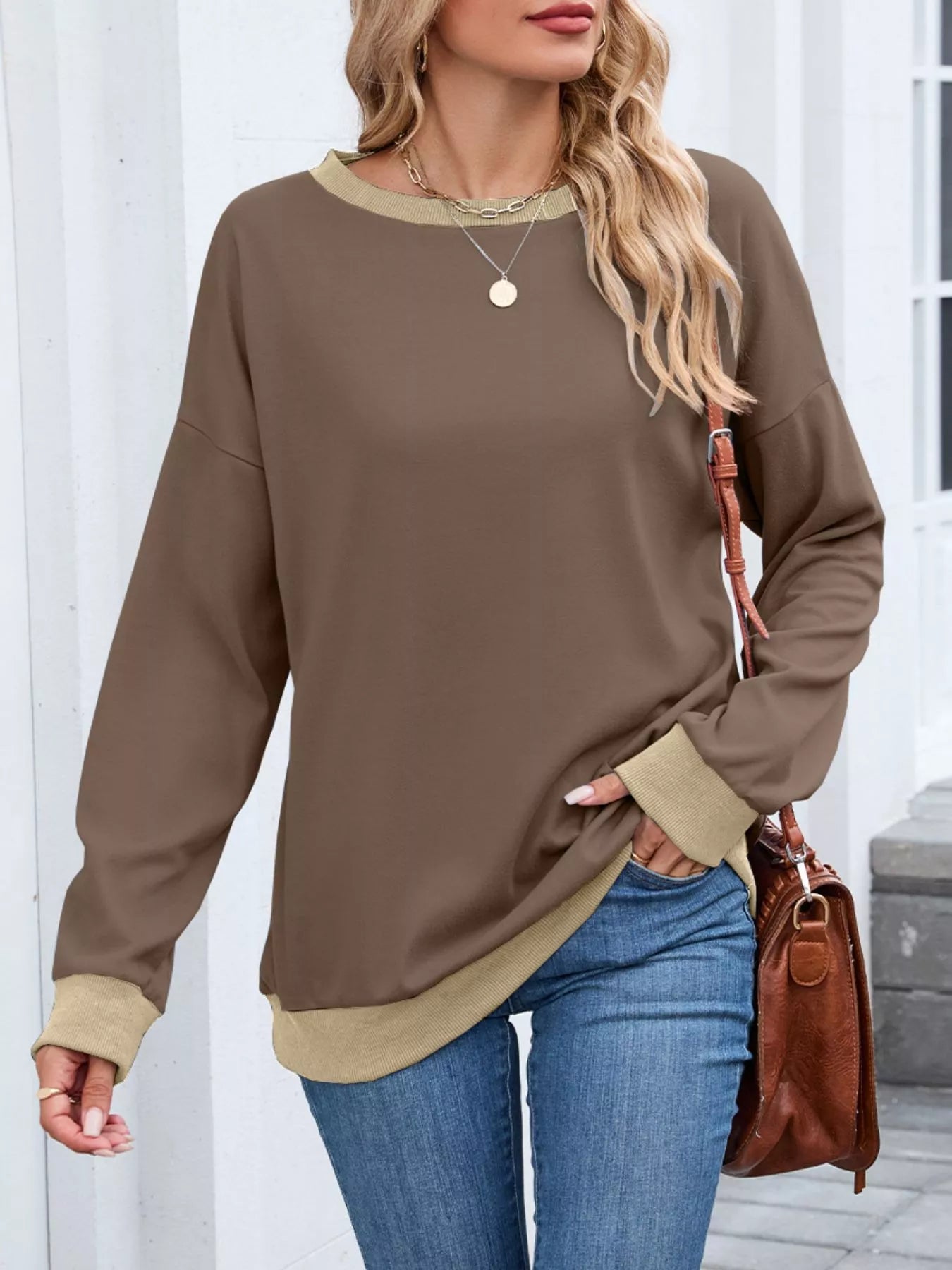 Contrast Trim Long Sleeve Sweatshirt  Shop One Place