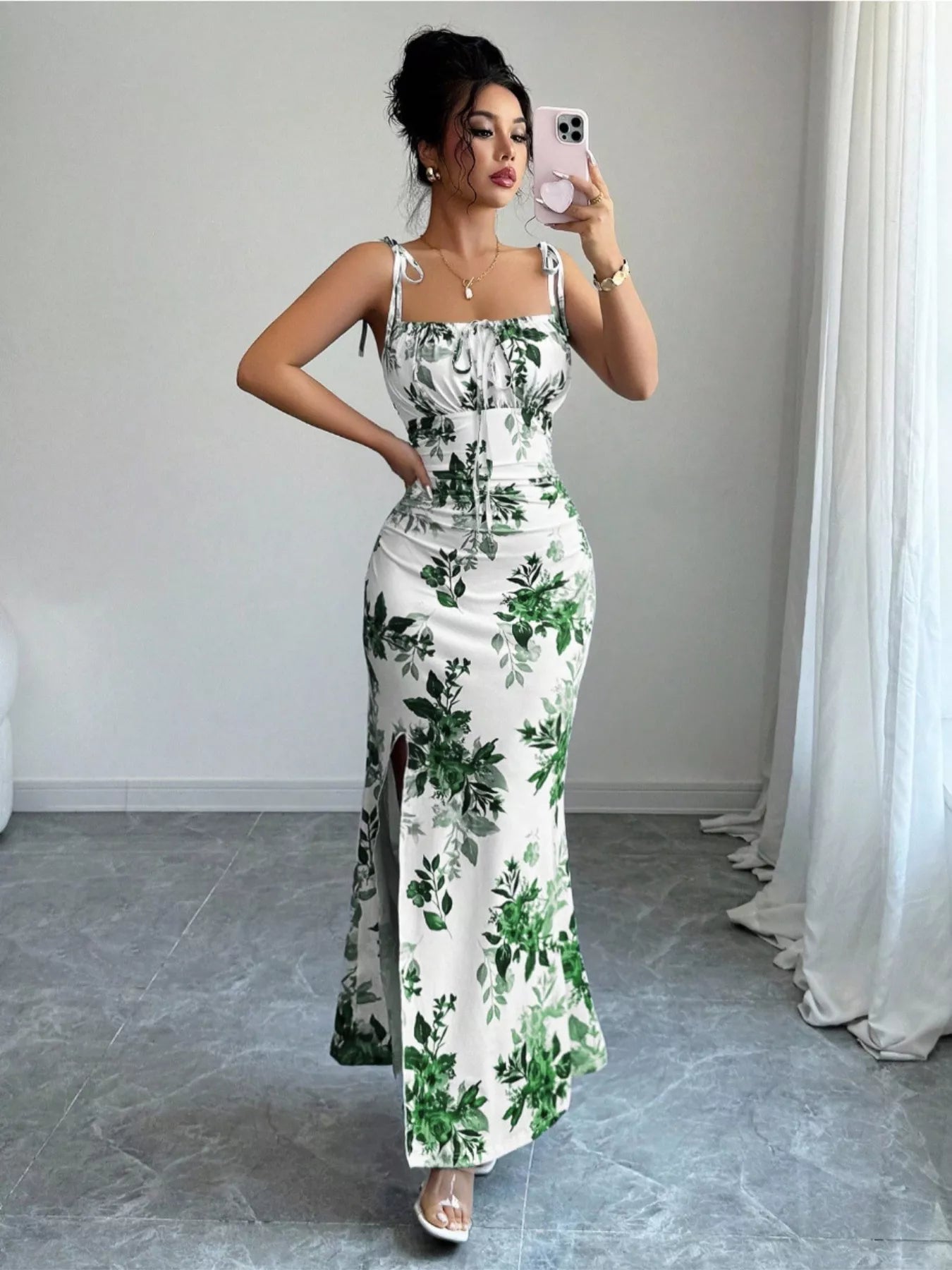 Printed Tie Strap Slit Maxi Dress  Shop One Place
