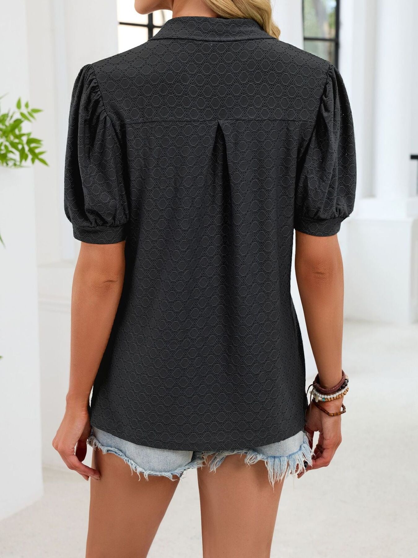 Eyelet Johnny Collar Puff Sleeve Top  Shop One Place