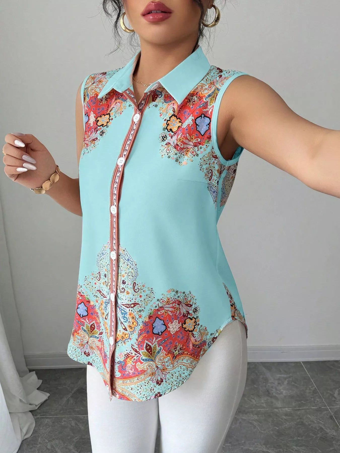 Button Up Sleeveless Shirt  Shop One Place