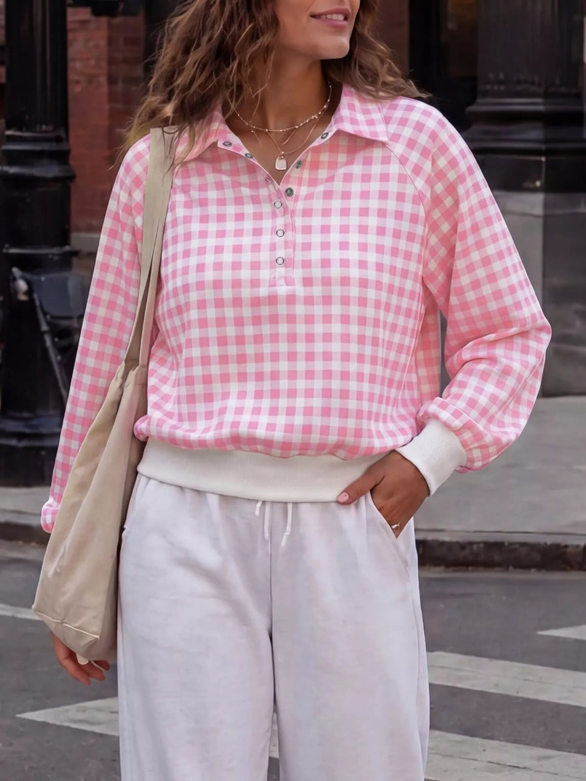 Women's Gingham Plaid Collared Sweatshirt – view 14