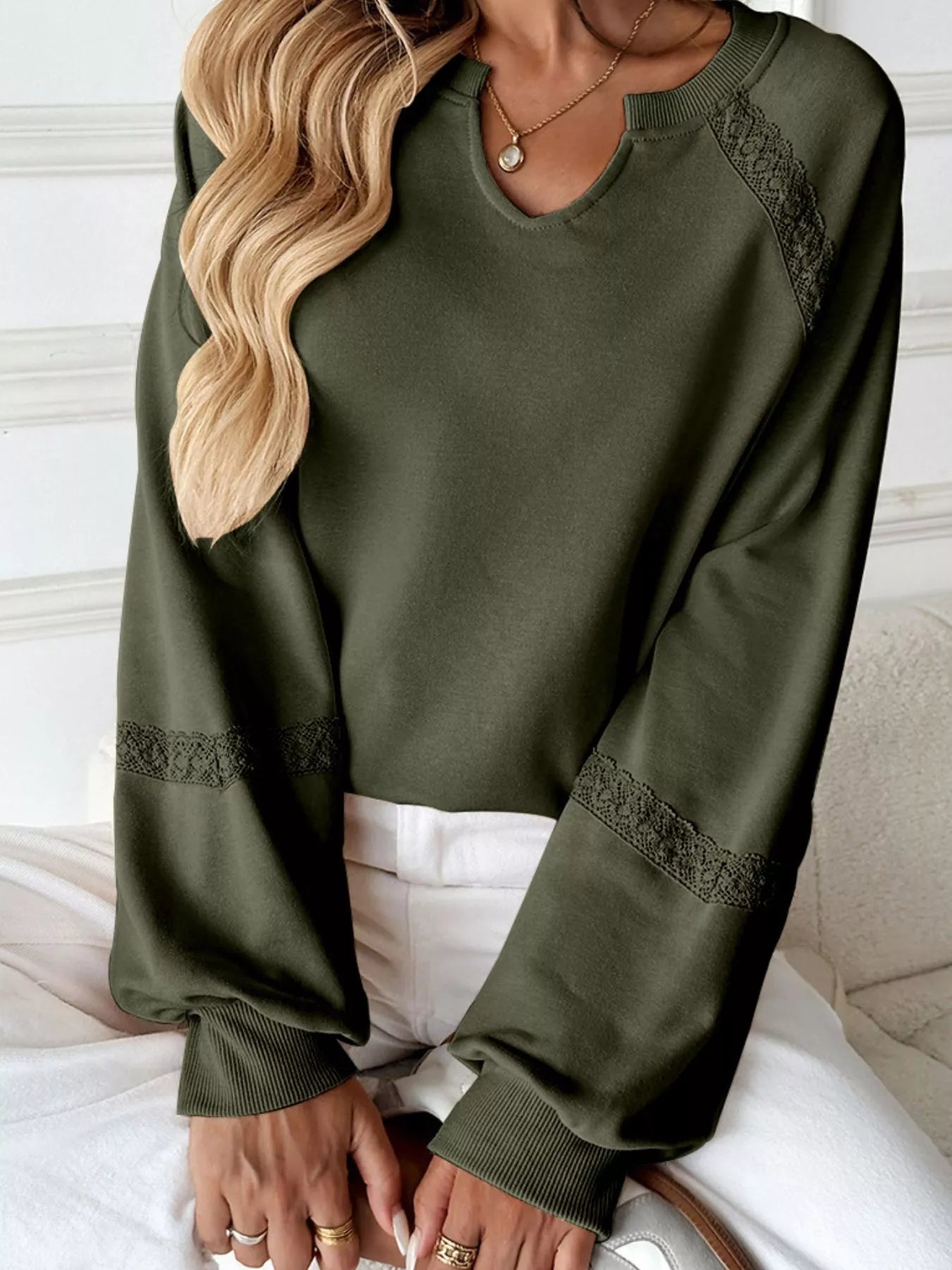 Notched Raglan Sleeve Sweatshirt  Shop One Place