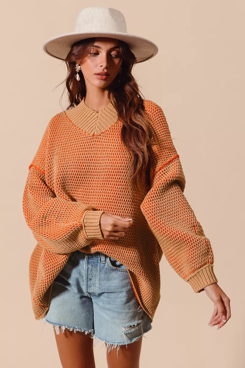 SO ME Oversized Two Tone Textured V Neck Sweater  Shop One Place
