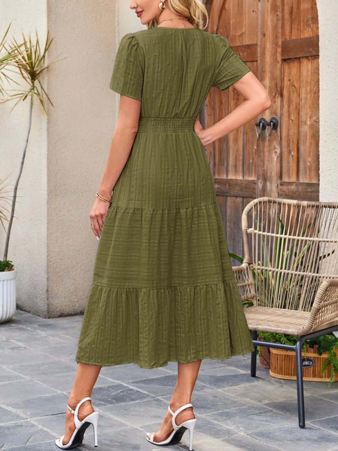 Tiered Notched Short Sleeve Dress  Shop One Place
