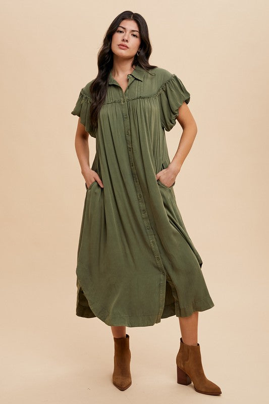 Army Green Annie Wear Mineral Washed Button Down Puff Sleeve Shirt Dress