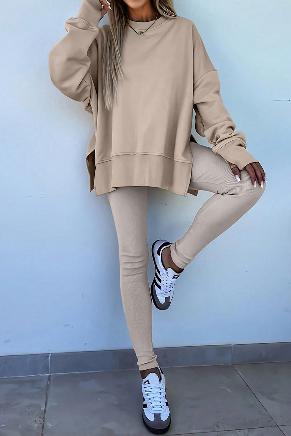 Green Bay Solid Color Oversize Slit Sweatshirt Ribbed Leggings Set  Shop One Place
