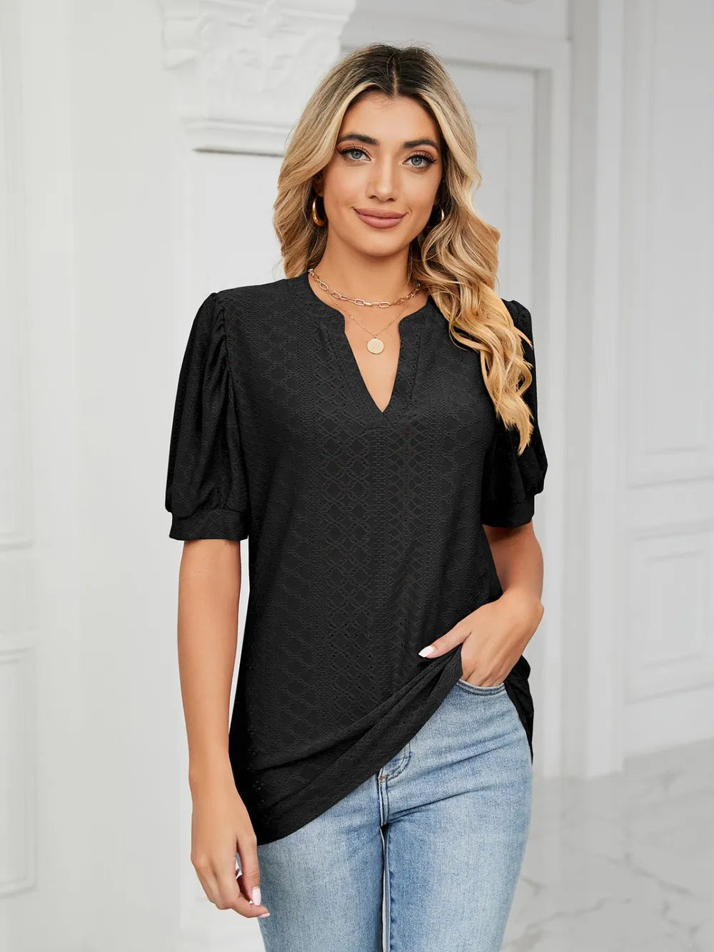 Florira Eyelet Notched Short Sleeve T-Shirt  Shop One Place