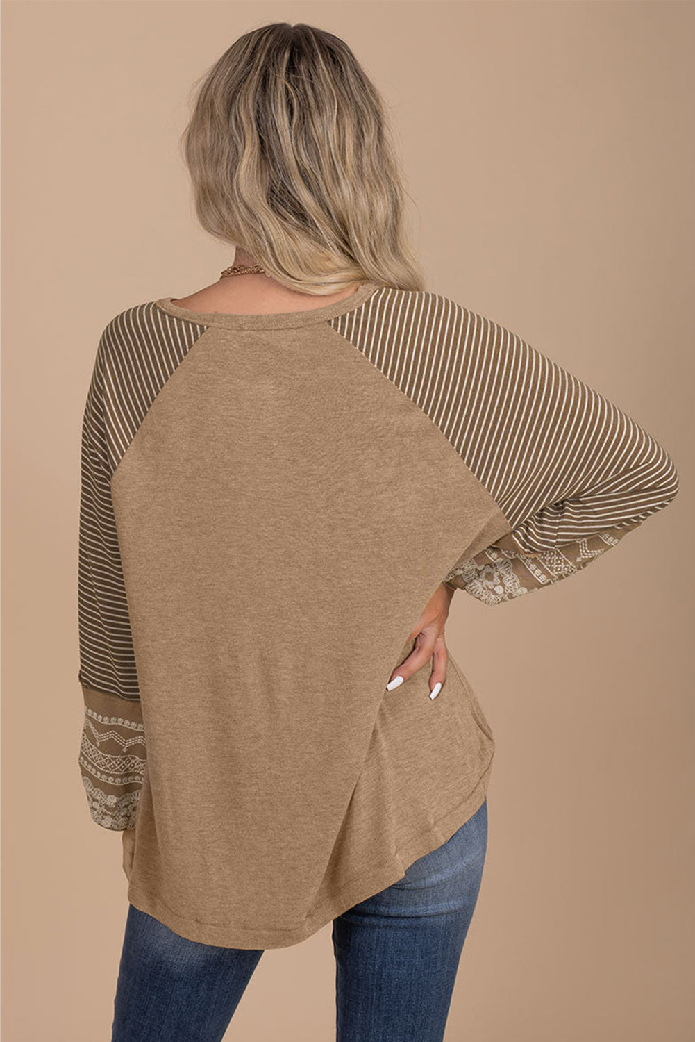 Gray Contrast Print Striped Raglan Long Sleeve Loose Top  Shop One Place