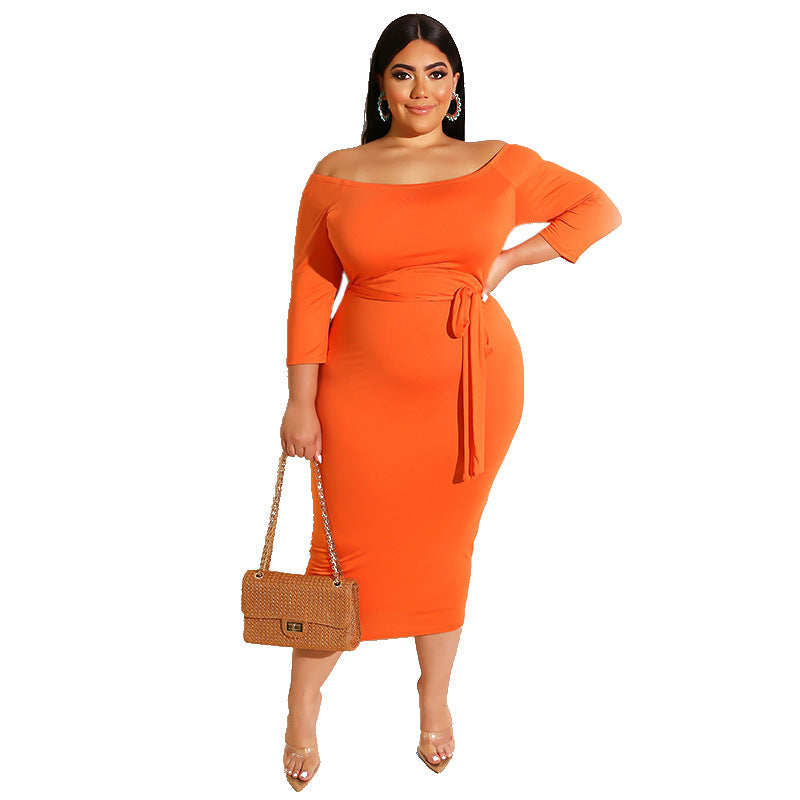 Plus Size Solid Color off-the-Neck Dress