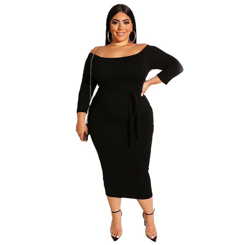 Plus Size Solid Color off-the-Neck Dress