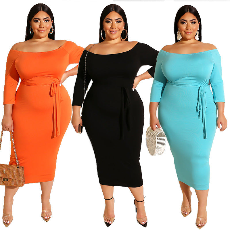 Plus Size Solid Color off-the-Neck Dress