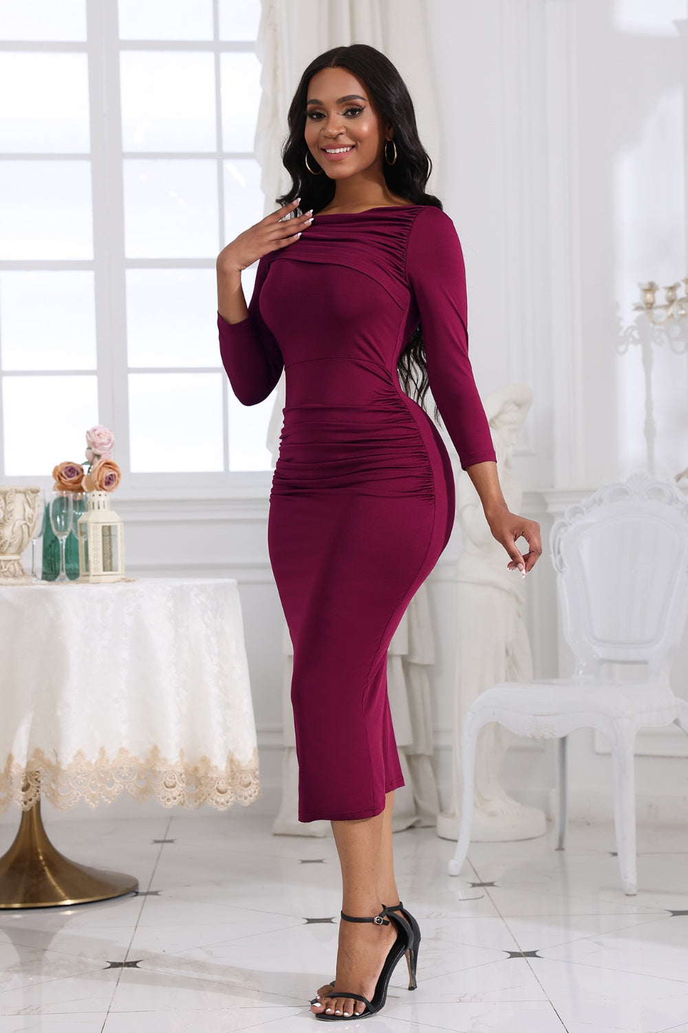 Ruched Boat Neck Midi Dress  Shop One Place