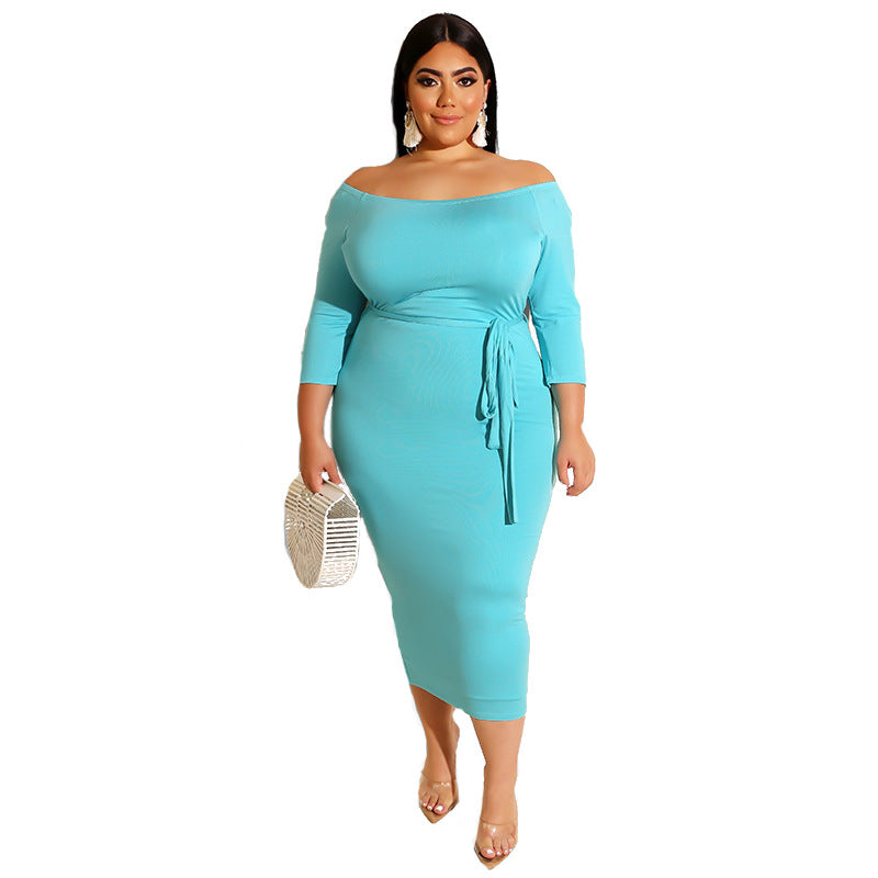 Plus Size Solid Color off-the-Neck Dress