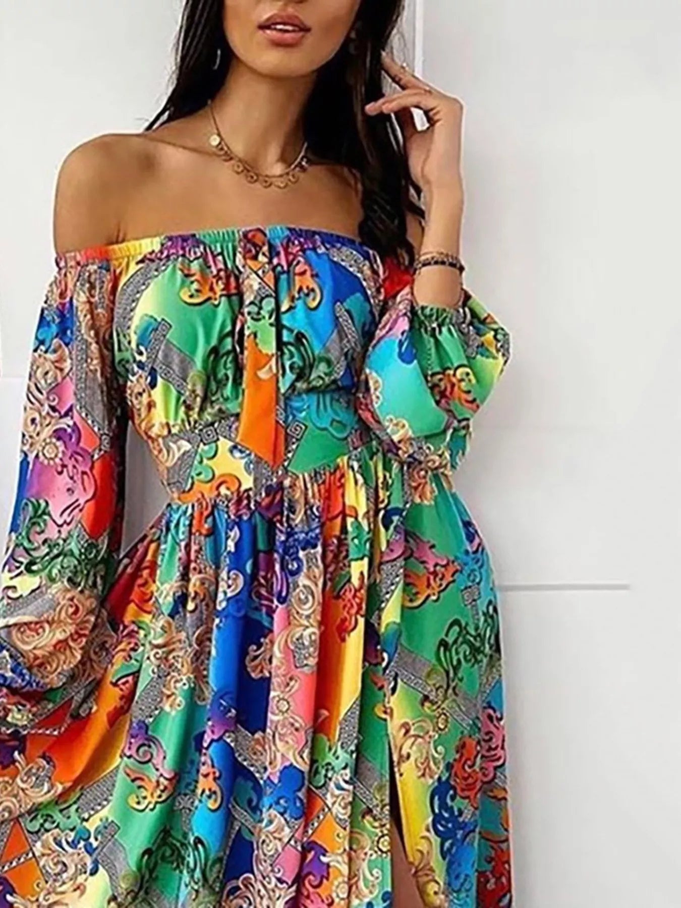 Slit Printed Off Shoulder Maxi Dress  Shop One Place
