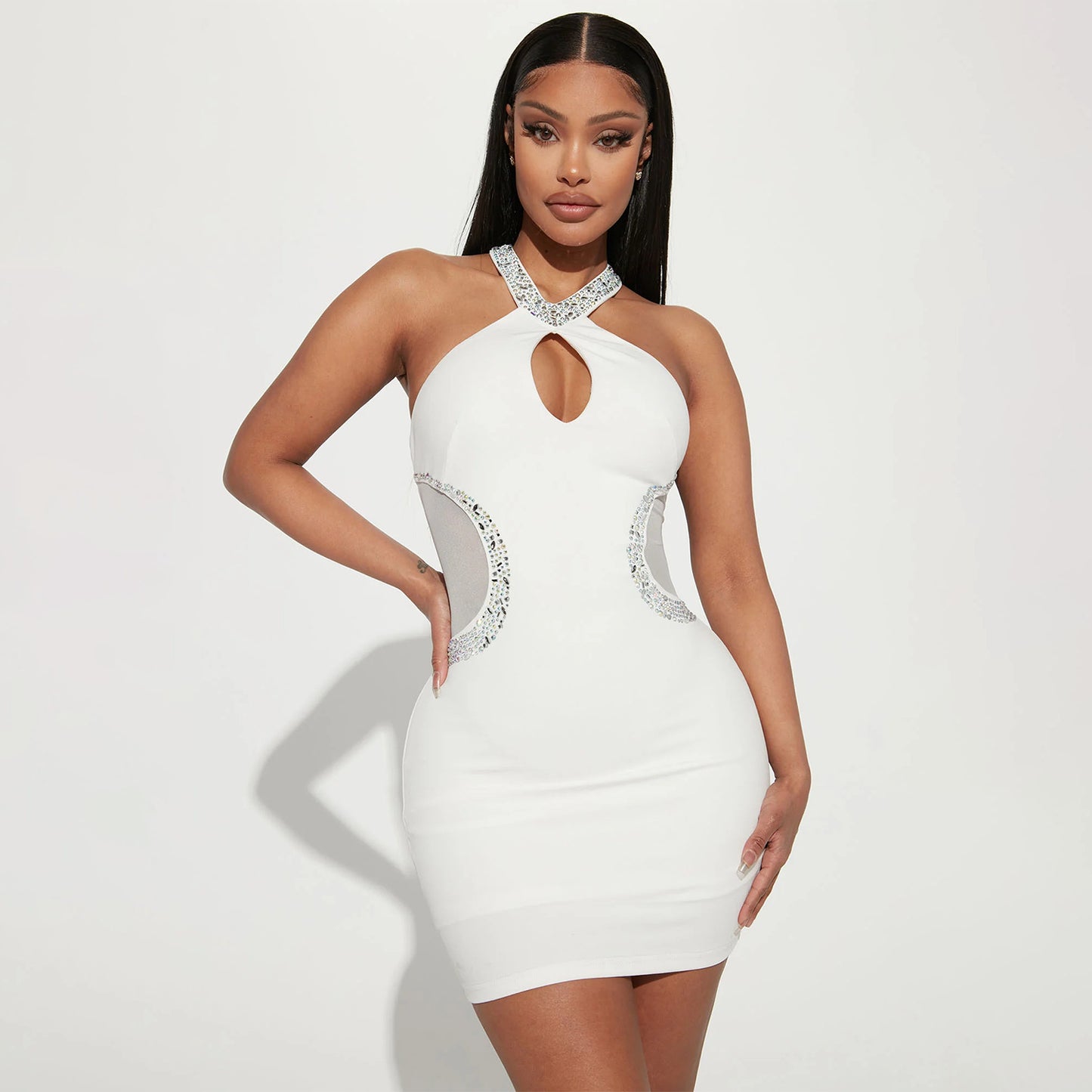 Tight Hollow Cutout Rhinestone Halter Dress