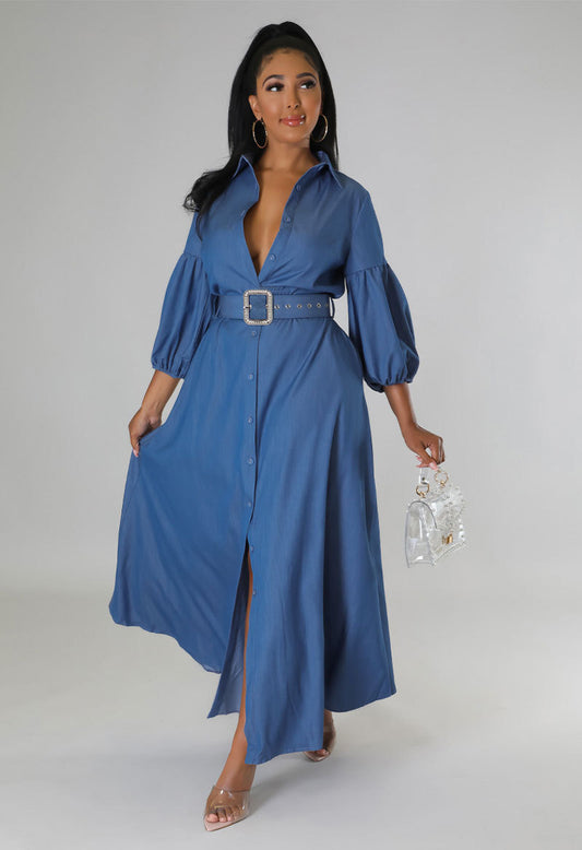 Blue Denim Long Sleeve Shirt Dress