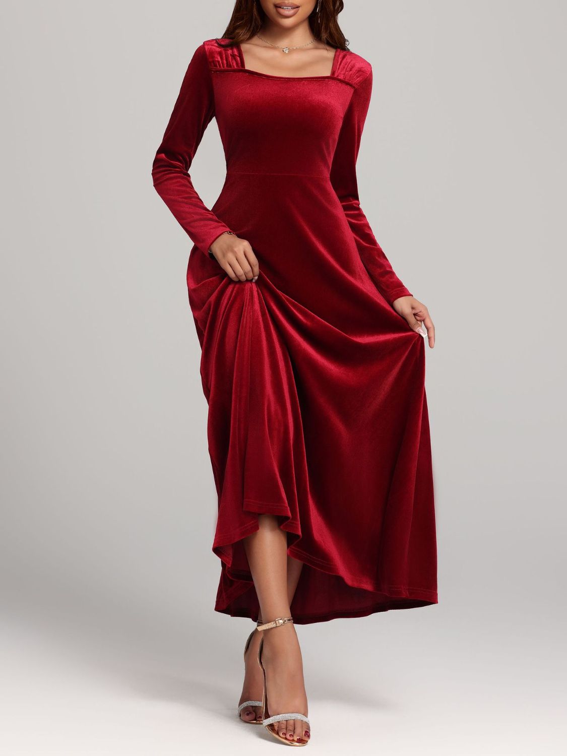 Square Neck Long Sleeve Velvet Dress  Shop One Place