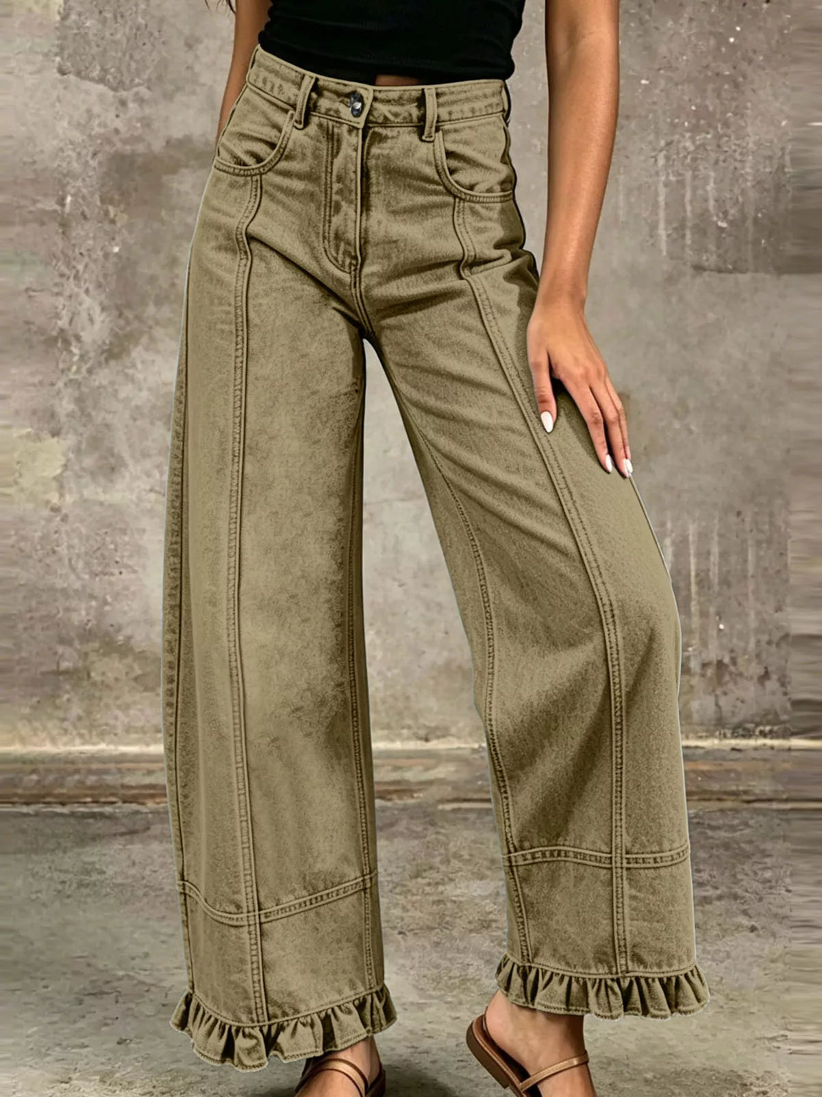 Full Size High-Waisted Wide-Leg Ruffled Hem Jeans Plus Size  Shop One Place