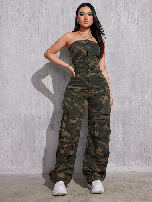 Women's New Denim Jumpsuit Camouflage Overalls