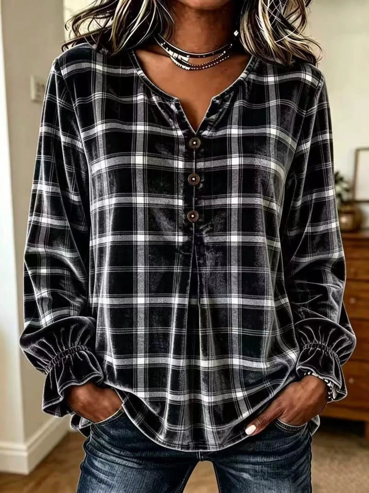 Women's Plaid Velvet Flounce Sleeve Blouse – view 7