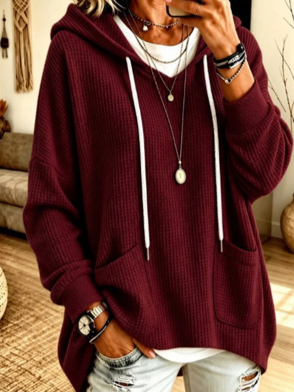 Women's Waffle Knit Hoodie with Pockets – view 3