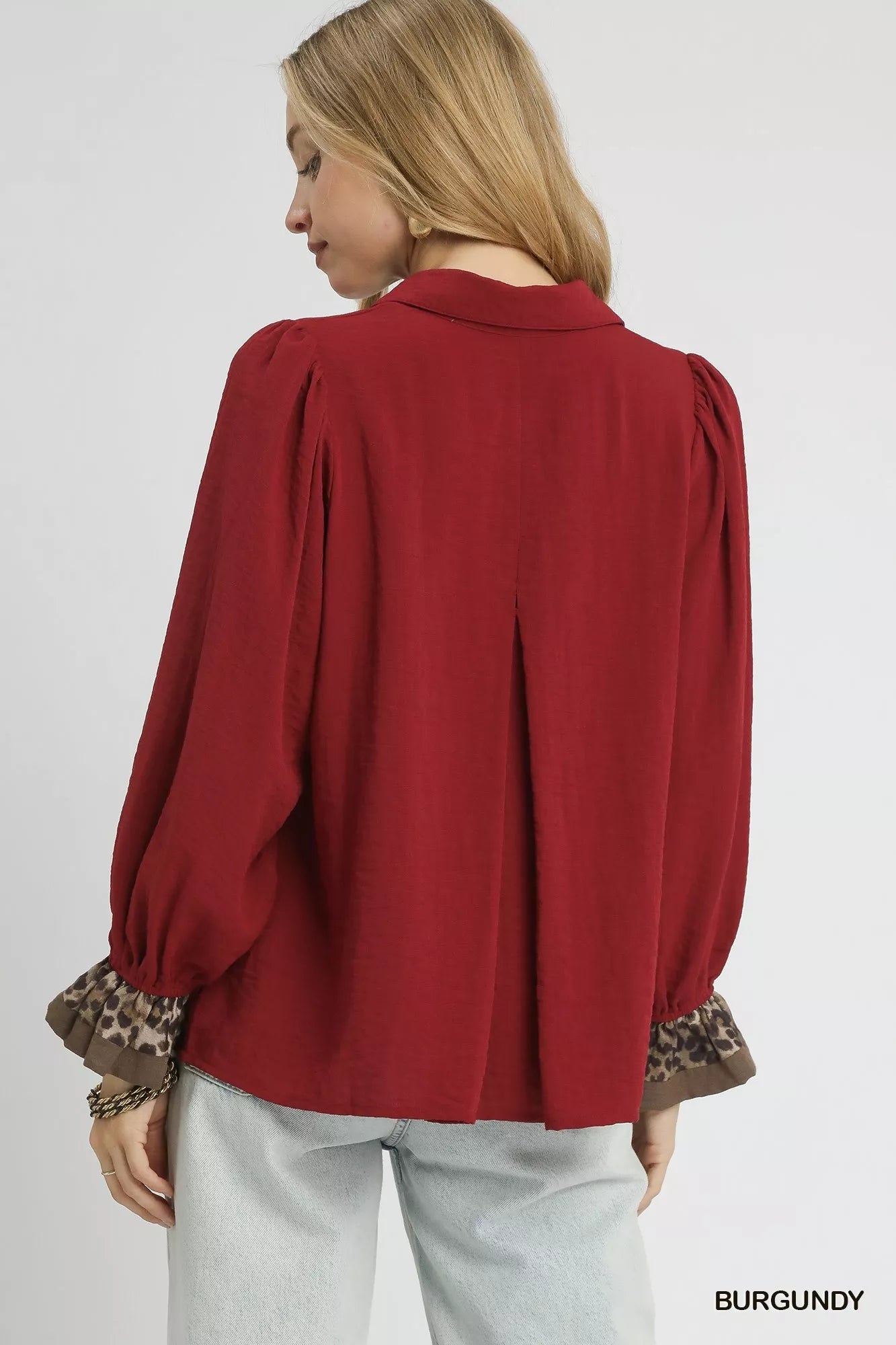 Umgee Half Button Blouse with Leopard Print Trim  Shop One Place