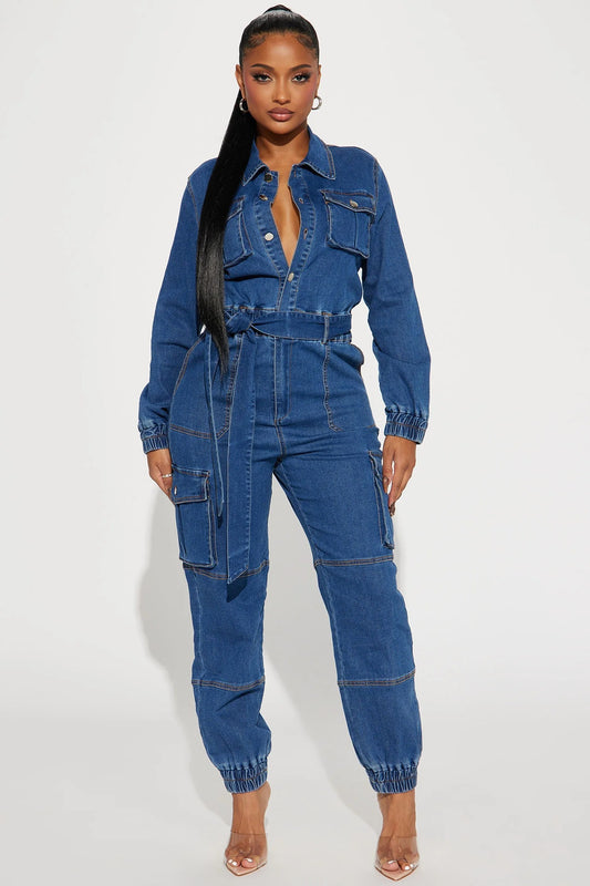 Street Waist Slimming Multi Pocket Elastic Waist Denim Overalls Jumpsuit