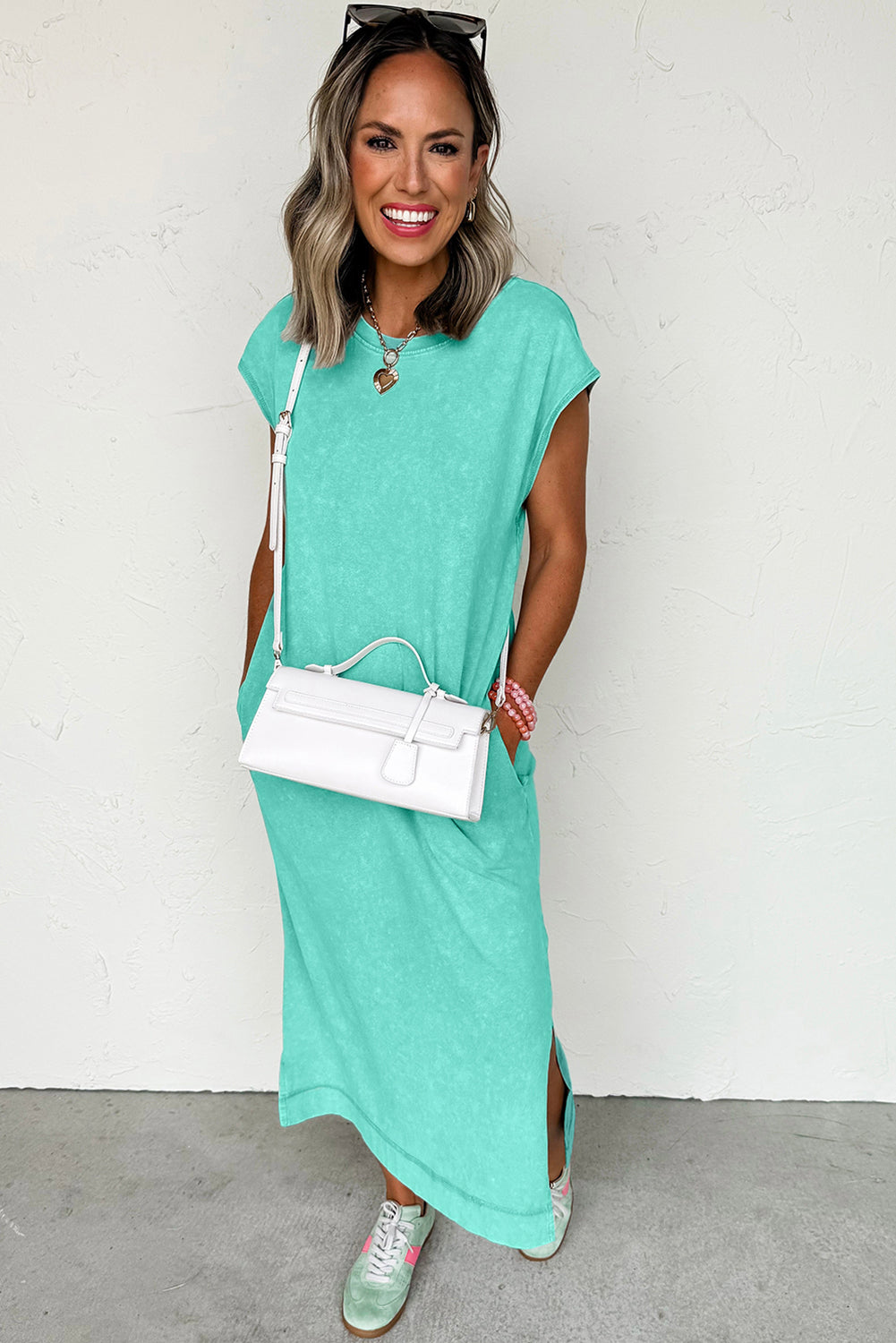 Clearly Aqua Mineral Wash Pocketed T-shirt Dress  Shop One Place