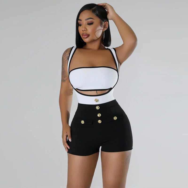 Women Clothing Color Matching Stretch Shorts Suit Summer Sleeveless Suspender Shorts Sexy Two Piece Suit