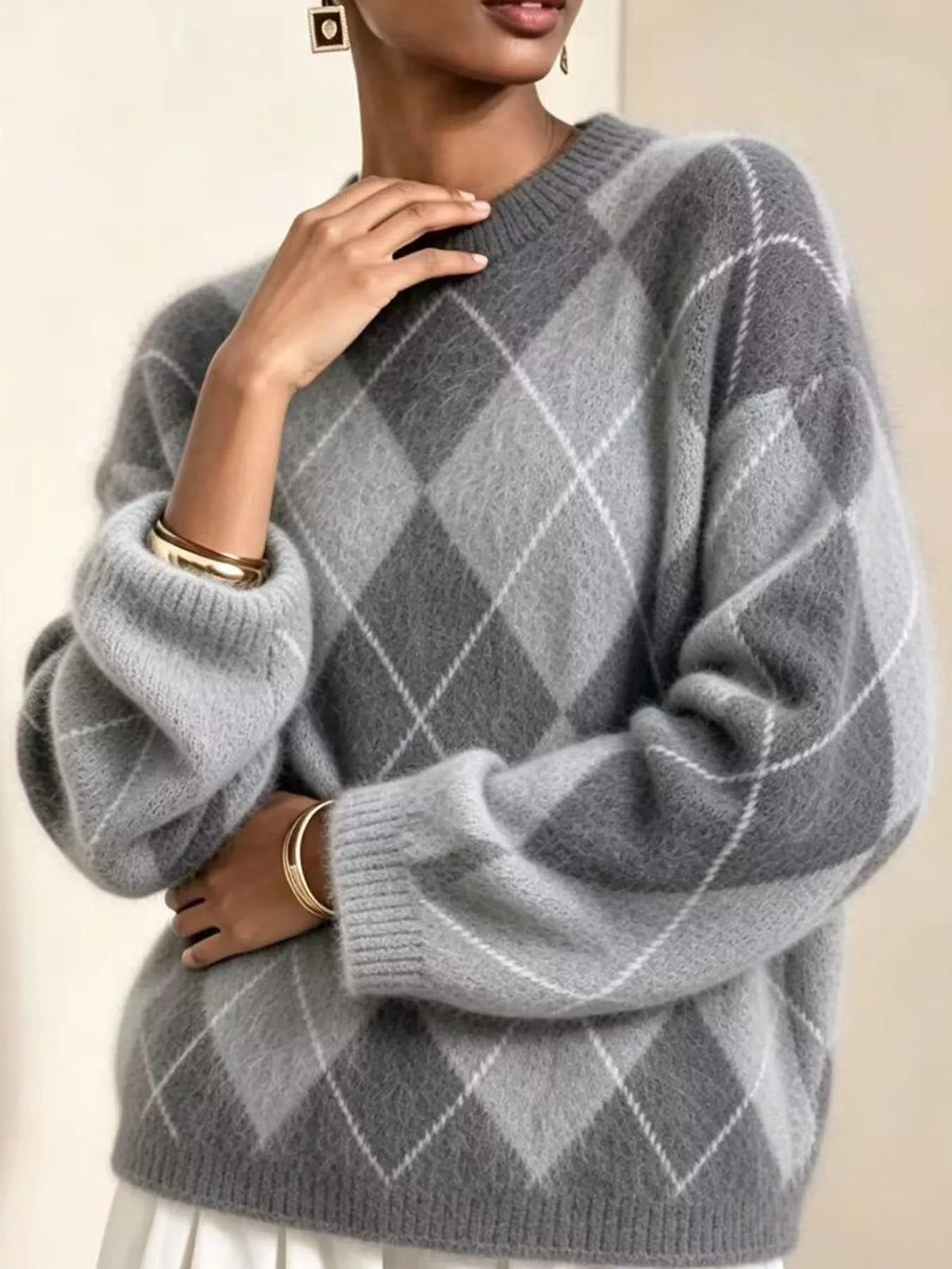 Women's Argyle Fuzzy Knit Sweater – view 20