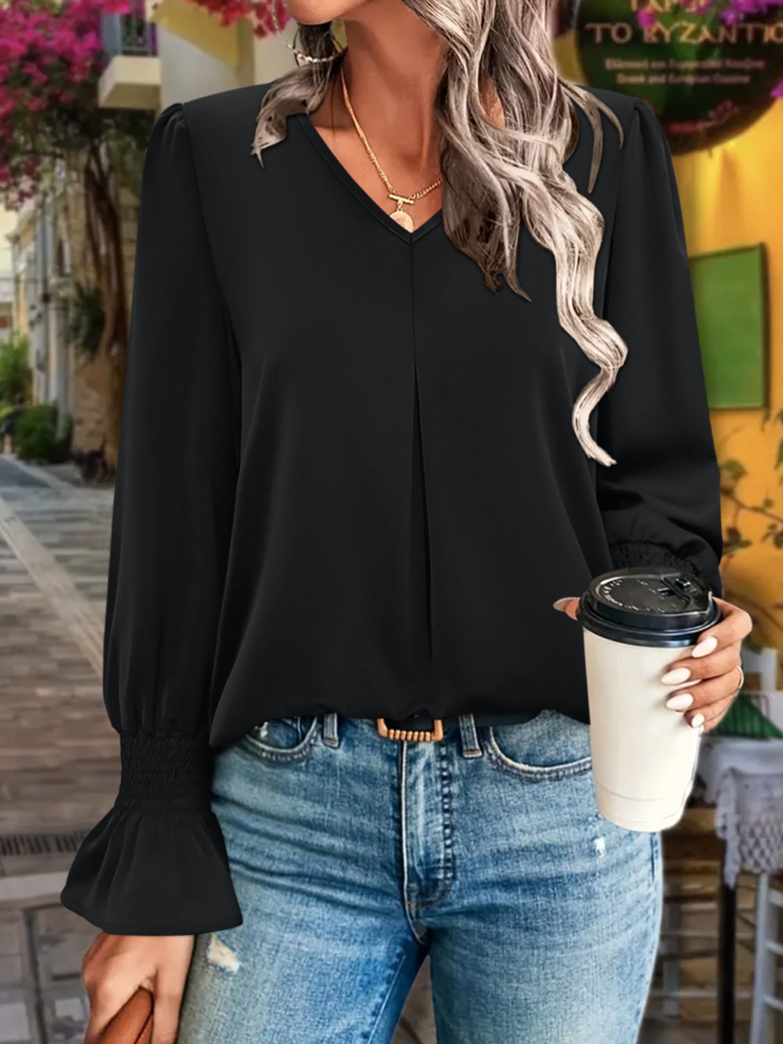 Black V-Neck Flounce Sleeve Blouse